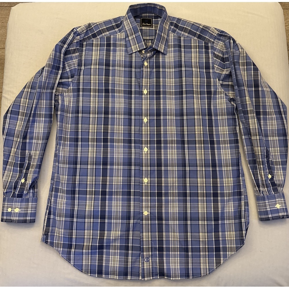 David Donahue Dress Shirt Men's 16 1/2 34/35 Blue Plaid Long Sleeves
